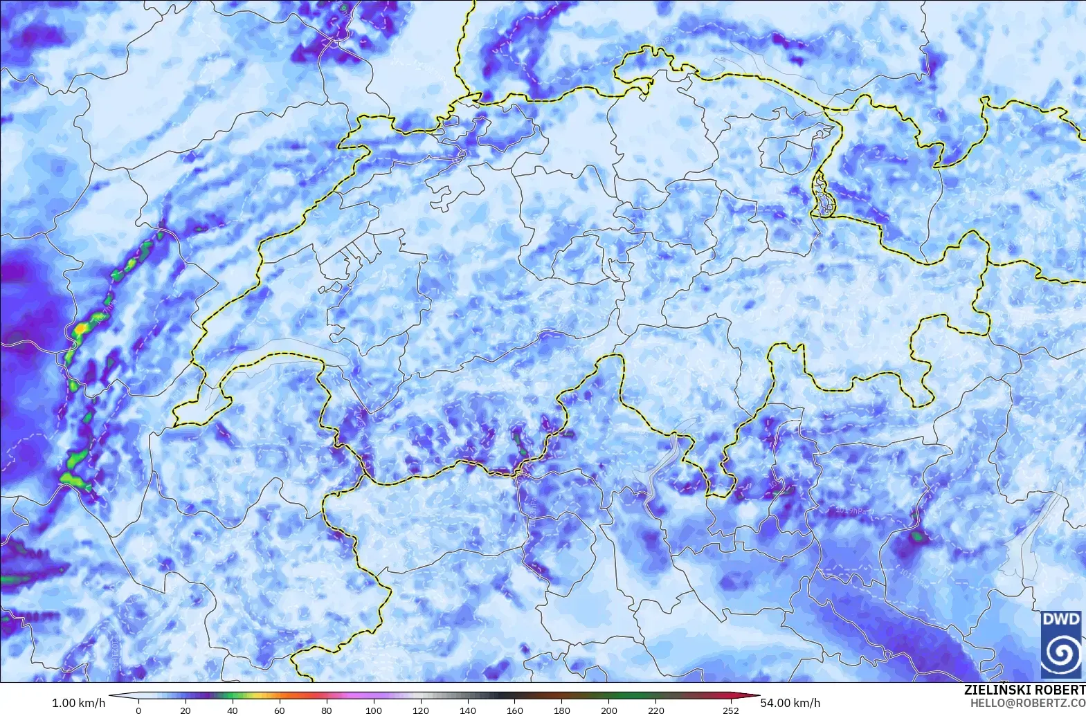 ICON Alemania 2 km modelo - Suiza, Ráfagas de viento