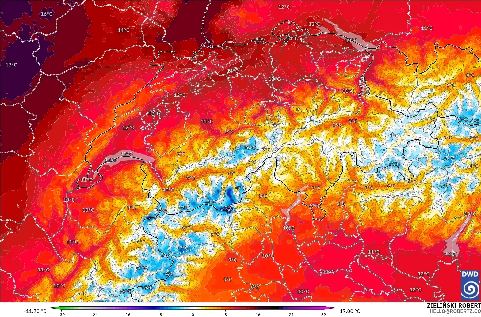 ICON Alemania 2 km modelo - Suiza, Anomalía de temperatura a 850 hPa