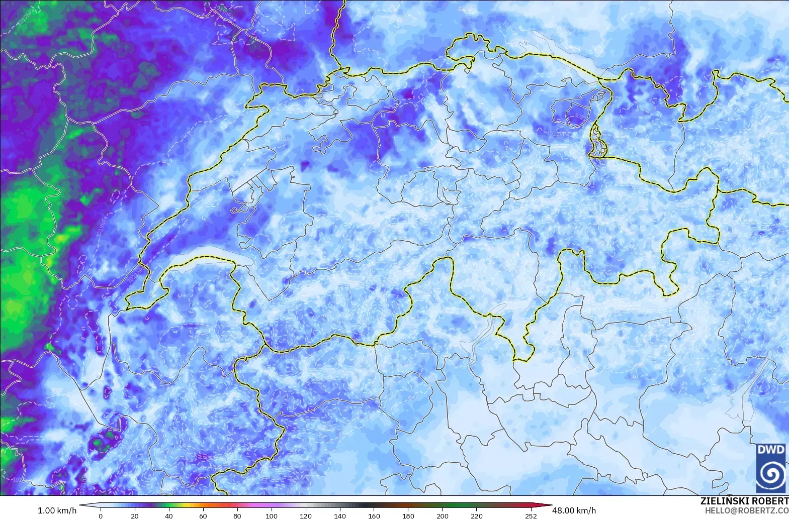 ICON Alemania 2 km modelo - Suiza, Ráfagas de viento