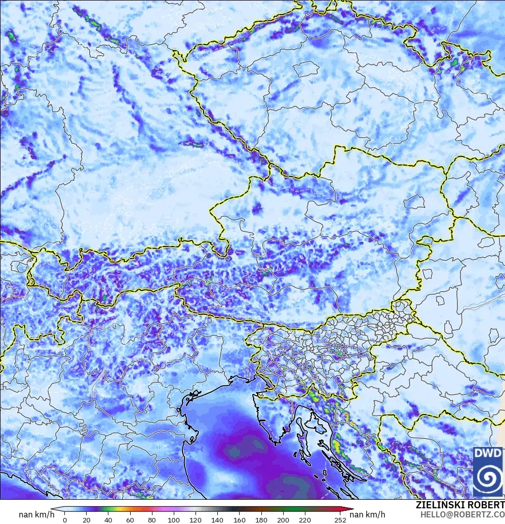 ICON Alemania 2 km modelo - Austria, Ráfagas de Viento Máximas