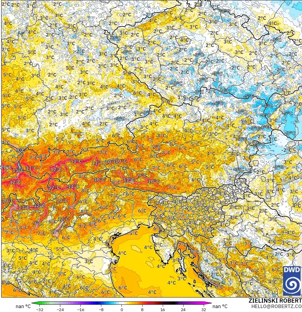 ICON Alemania 2 km modelo - Austria, Anomalía de temperatura a 2 m