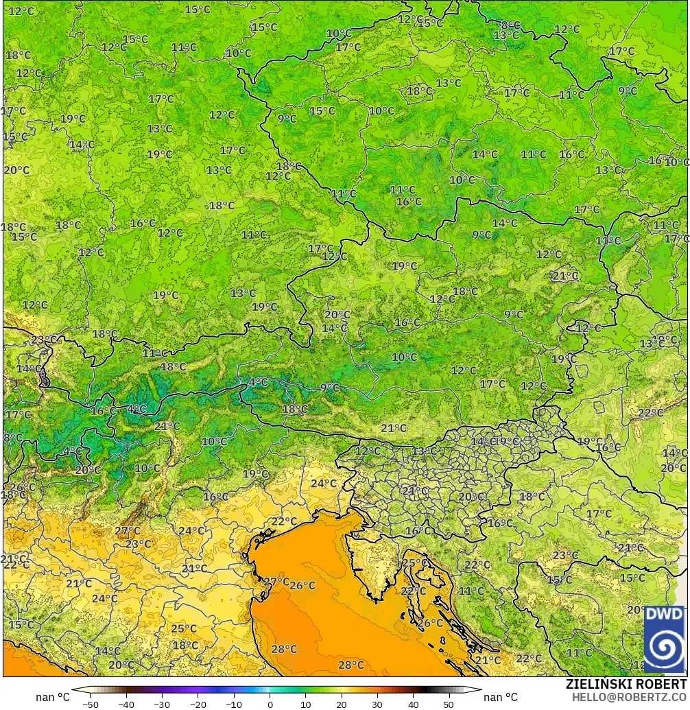 ICON Alemania 2 km modelo - Austria, Temperatura a 2 m