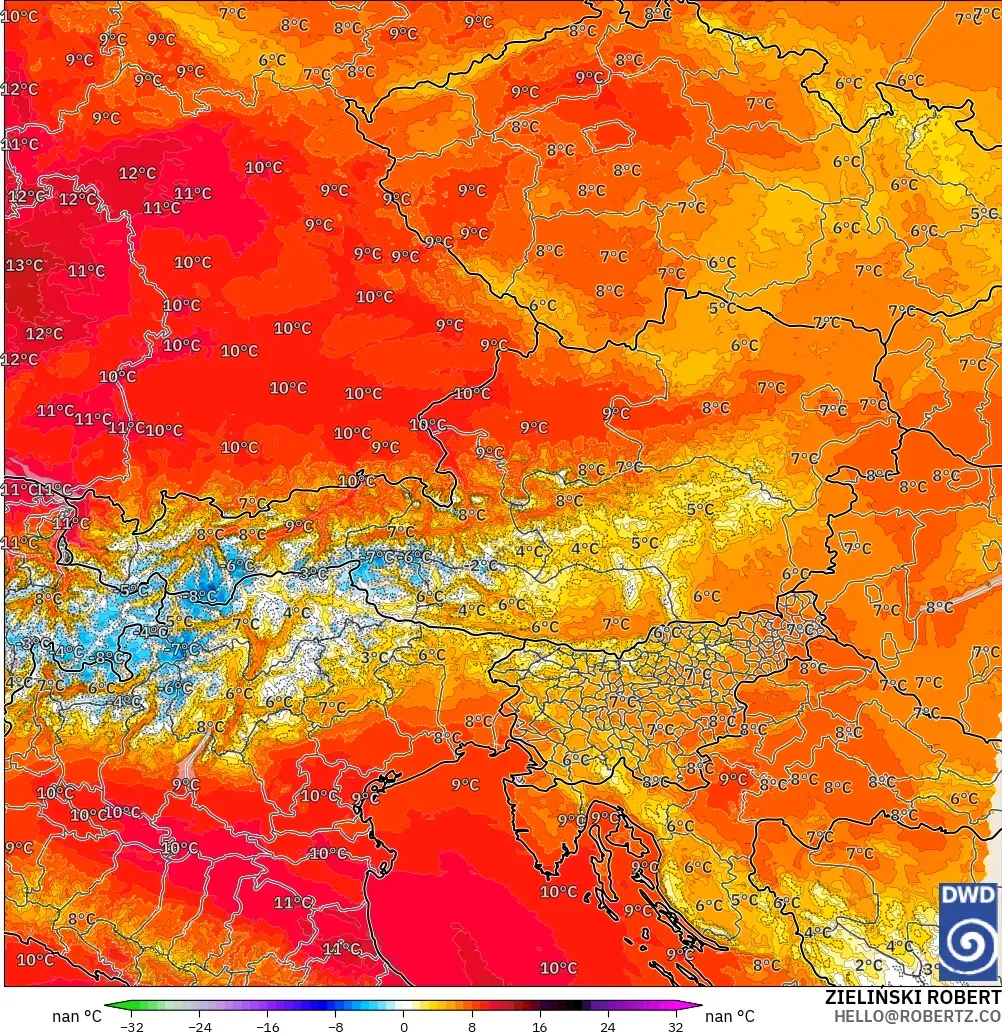 ICON Alemania 2 km modelo - Austria, Anomalía de temperatura a 850 hPa