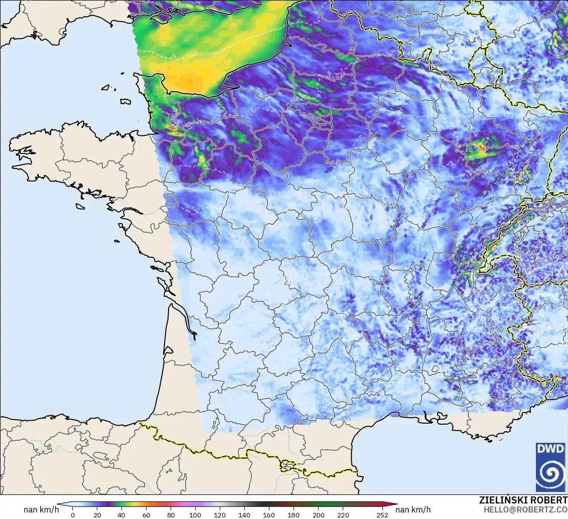 ICON Alemania 2 km modelo - Francia, Ráfagas de Viento Máximas