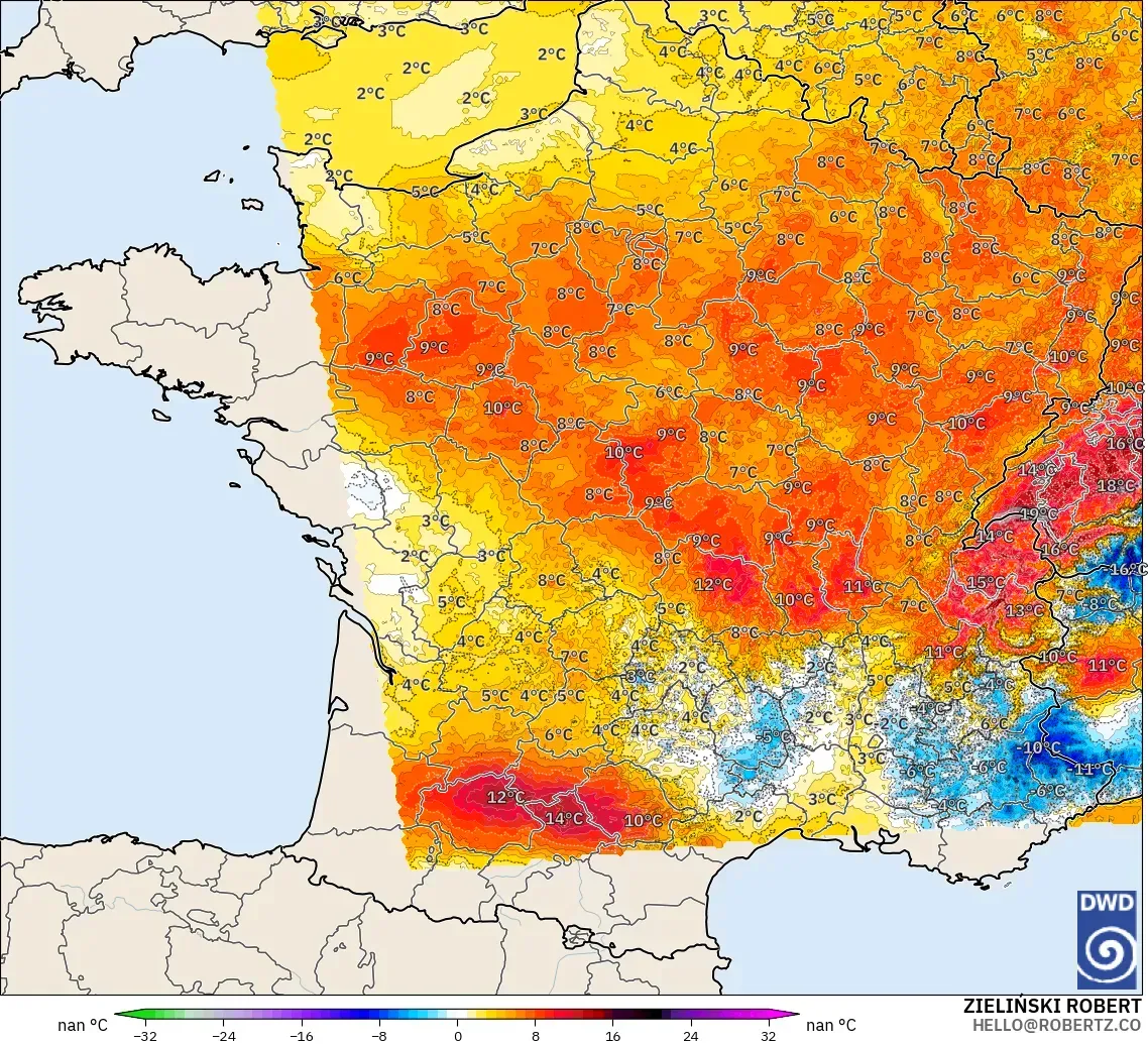 ICON Alemania 2 km modelo - Francia, Anomalía de temperatura a 2 m