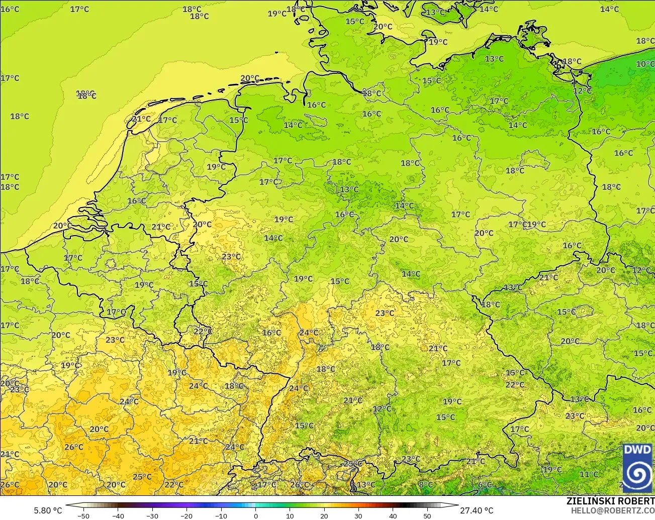 ICON Alemania 2 km modelo - Alemania, Temperatura a 2 m