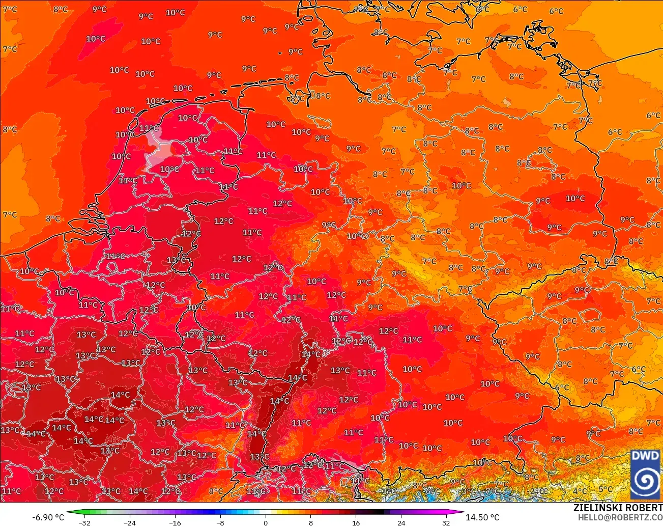 ICON Alemania 2 km modelo - Alemania, Anomalía de temperatura a 850 hPa