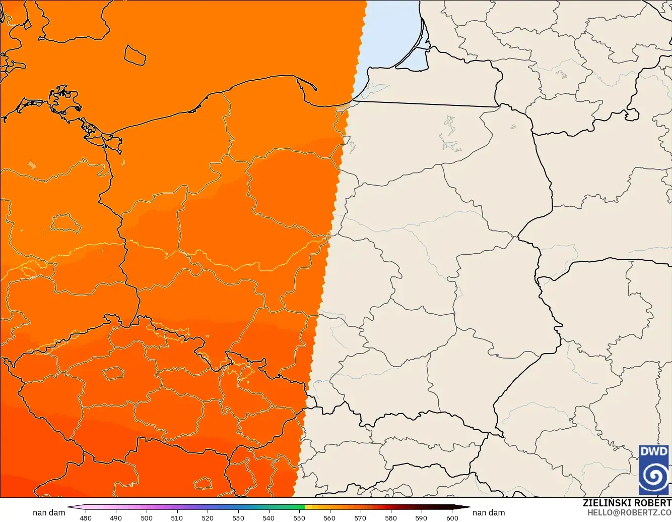 ICON Alemania 2 km modelo - Polonia, Altura geopotencial a 500 hPa
