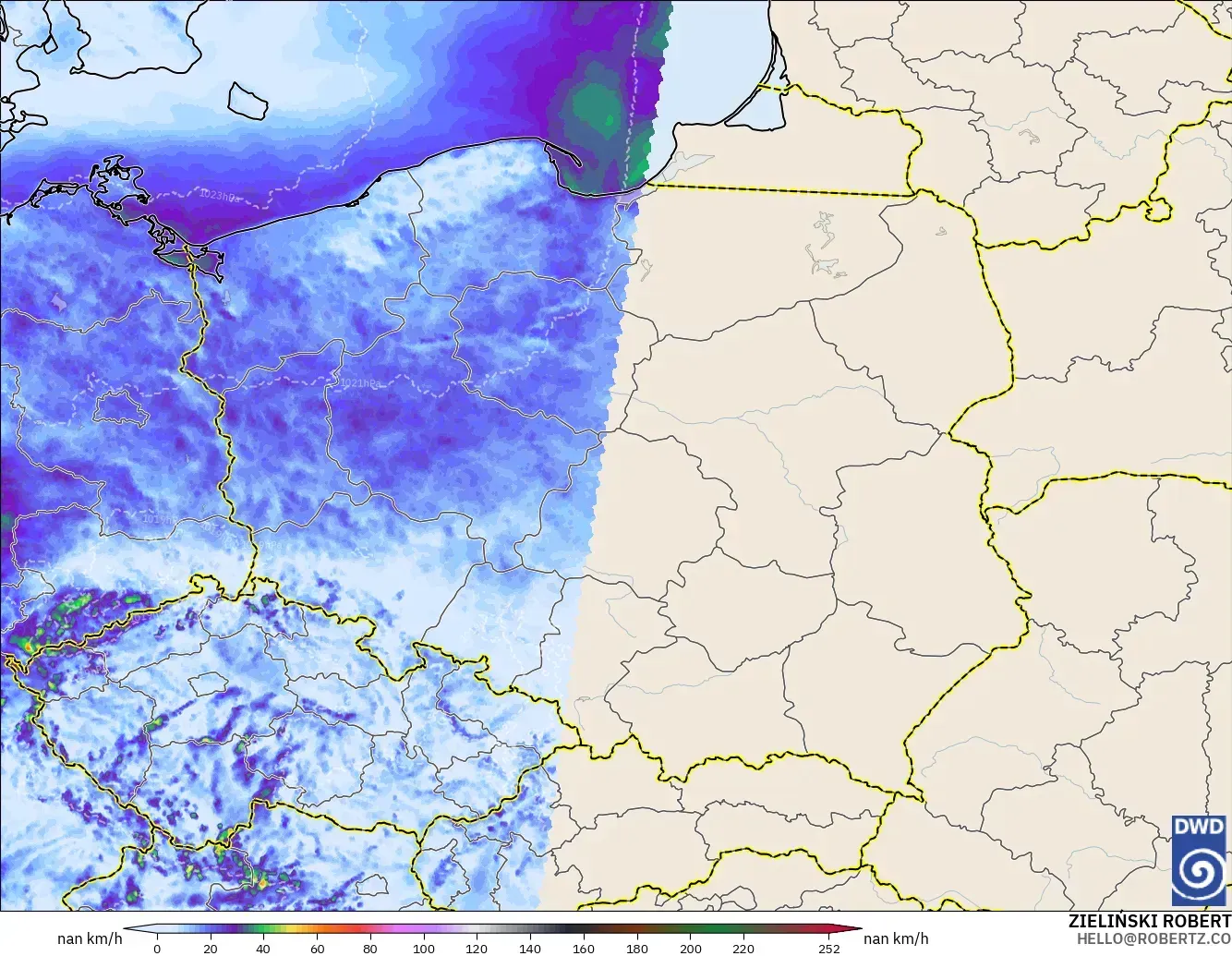 ICON Alemania 2 km modelo - Polonia, Ráfagas de viento