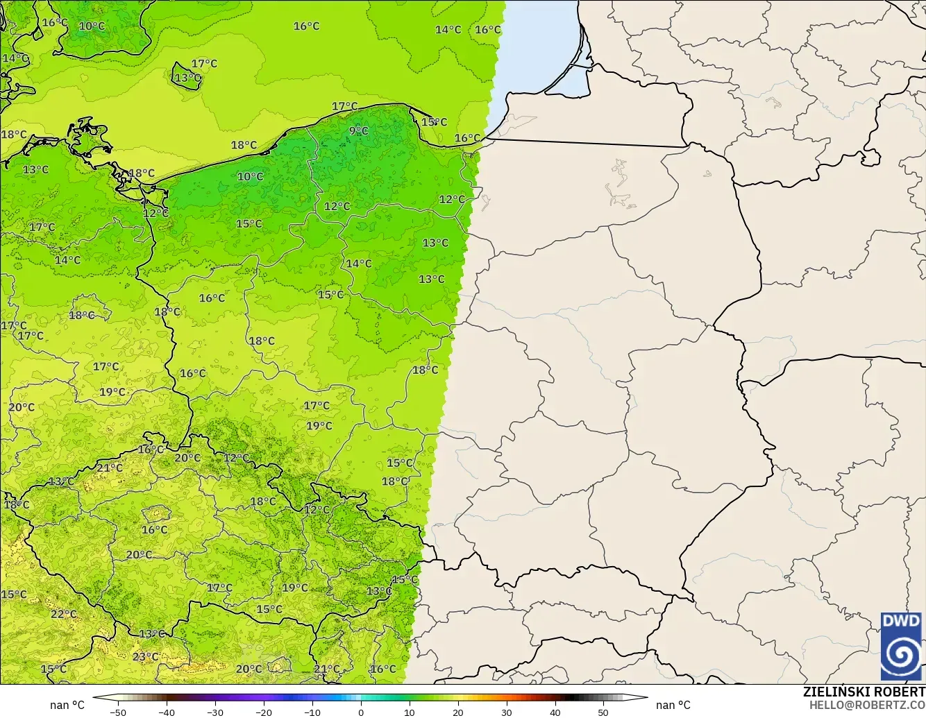ICON Alemania 2 km modelo - Polonia, Temperatura a 2 m