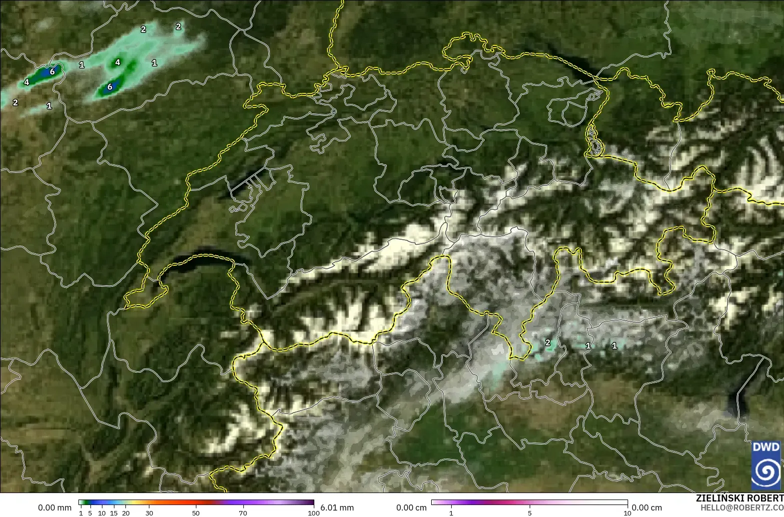 ICON Alemania 2 km modelo - Suiza, Precipitación, nubes y presión