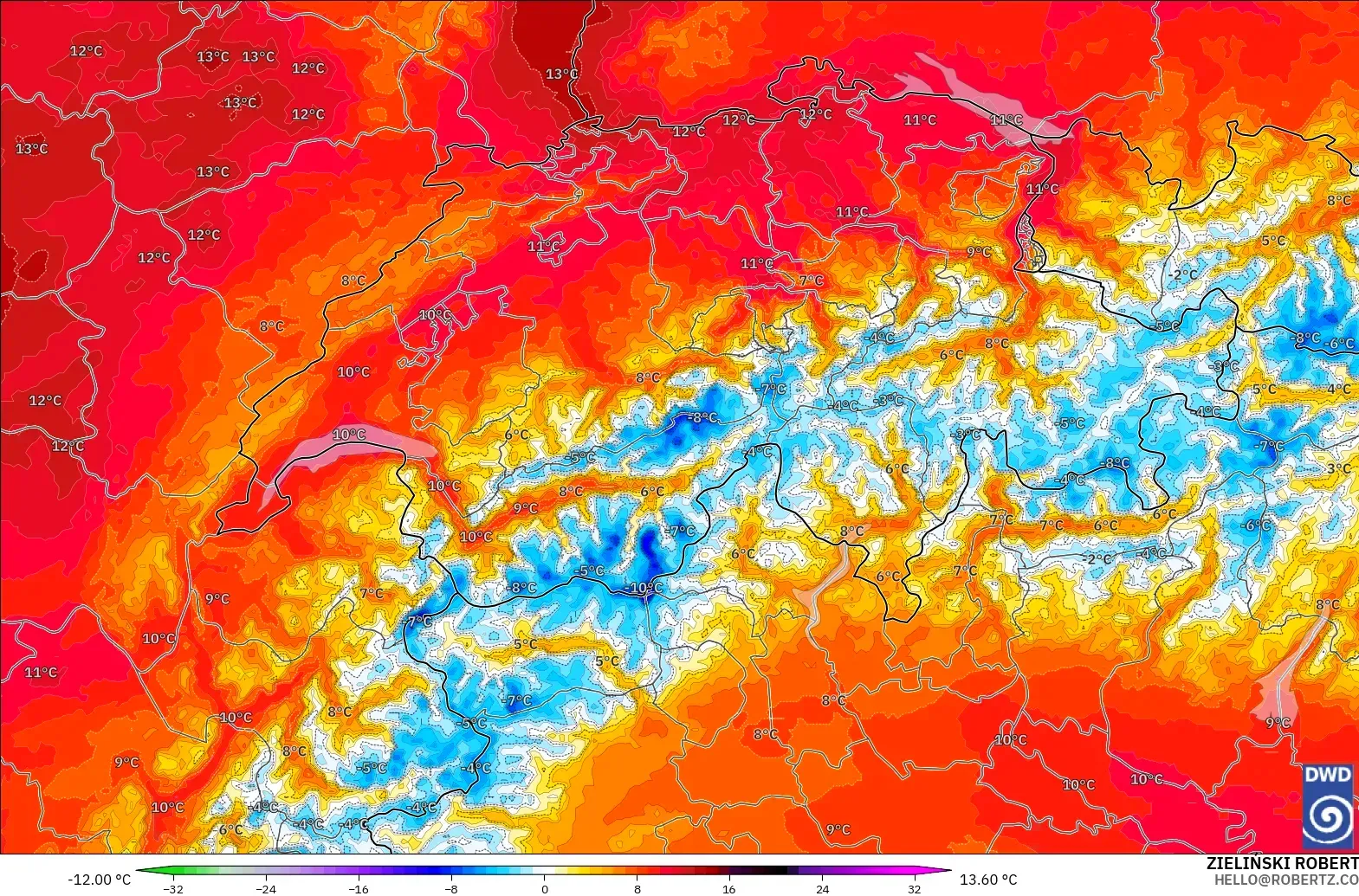 ICON Alemania 2 km modelo - Suiza, Anomalía de temperatura a 850 hPa