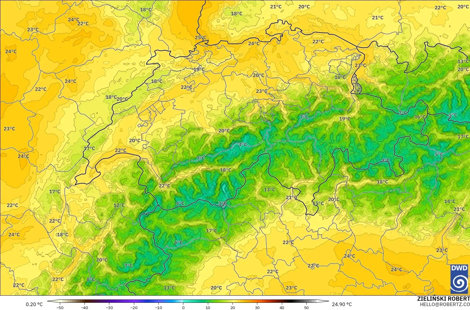 ICON Alemania 2 km modelo - Suiza, Temperatura a 850 hPa