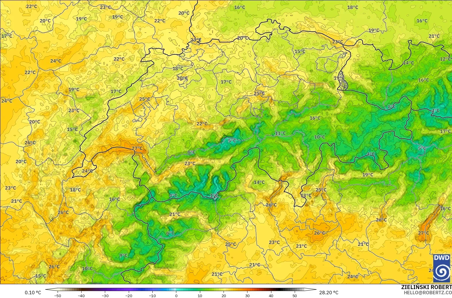 ICON Alemania 2 km modelo - Suiza, Temperatura a 2 m