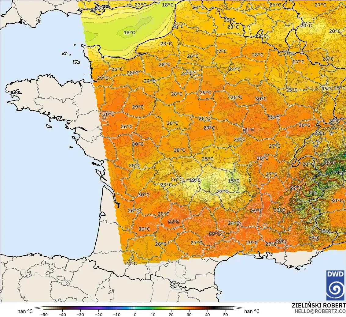 ICON Alemania 2 km modelo - Francia, Temperatura a 2 m