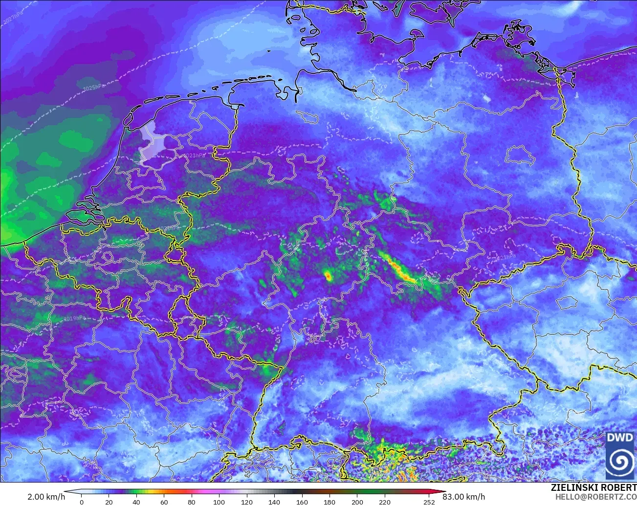 ICON Alemania 2 km modelo - Alemania, Ráfagas de Viento Máximas