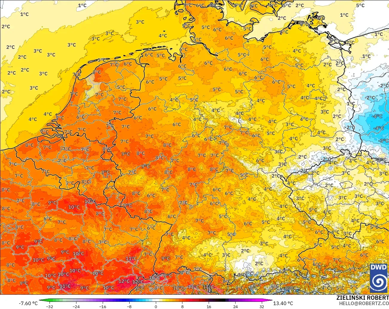 ICON Alemania 2 km modelo - Alemania, Anomalía de temperatura a 2 m
