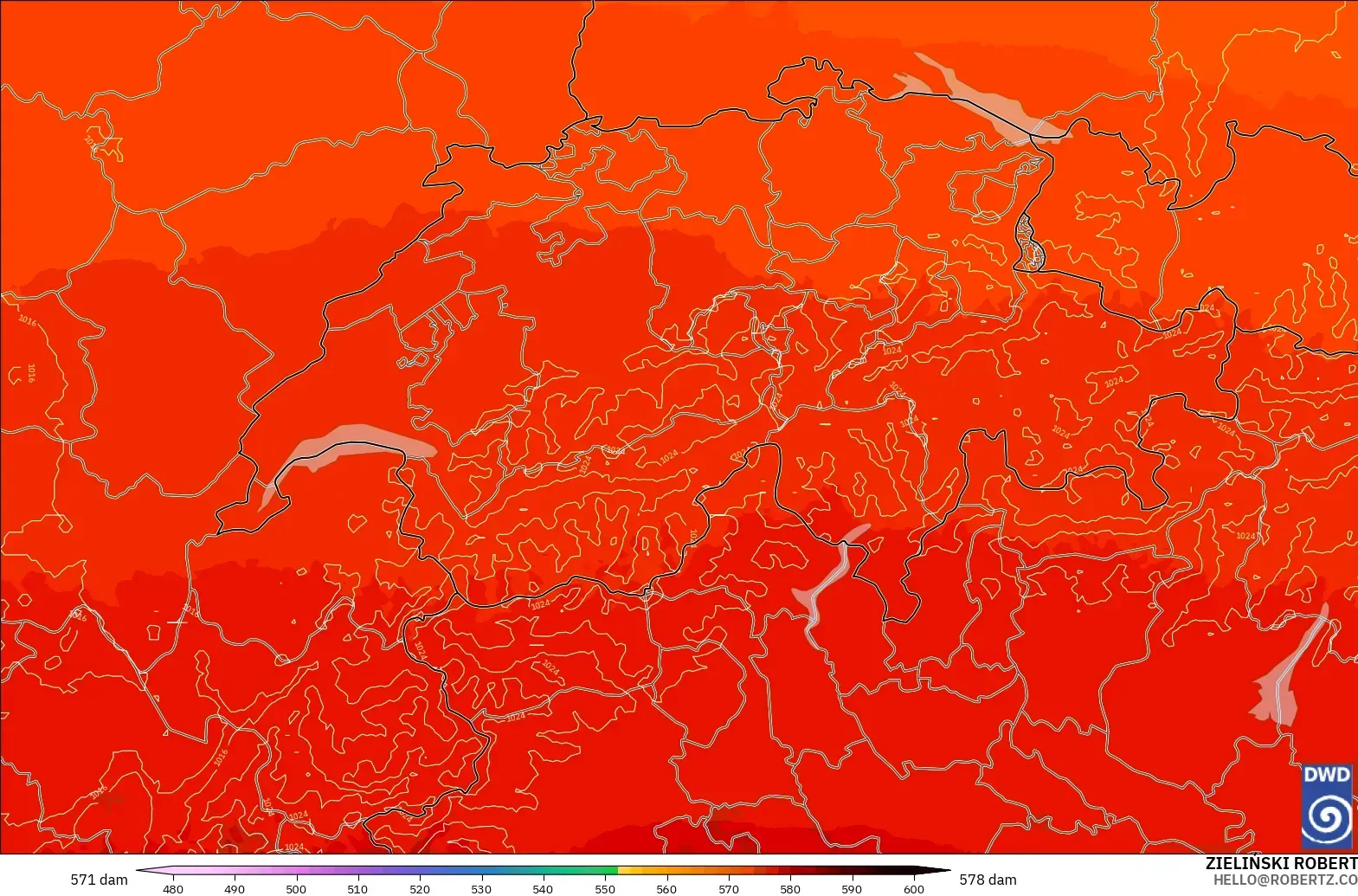 ICON Alemania 2 km modelo - Suiza, Altura geopotencial a 500 hPa