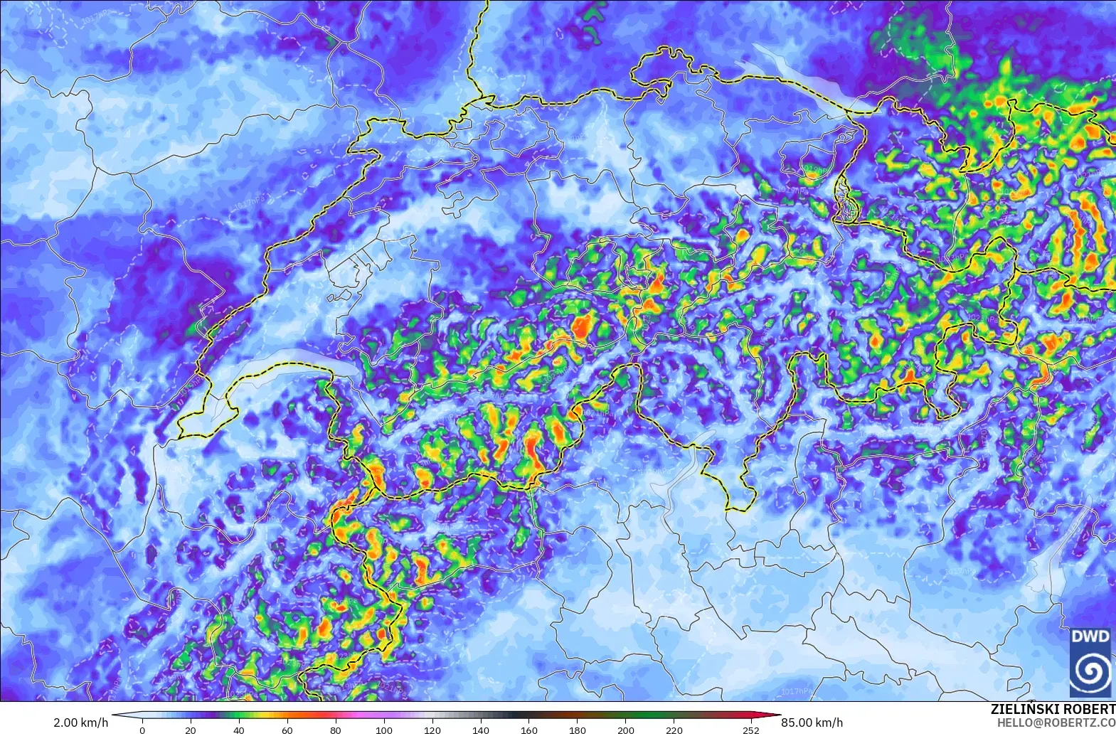 ICON Alemania 2 km modelo - Suiza, Ráfagas de viento