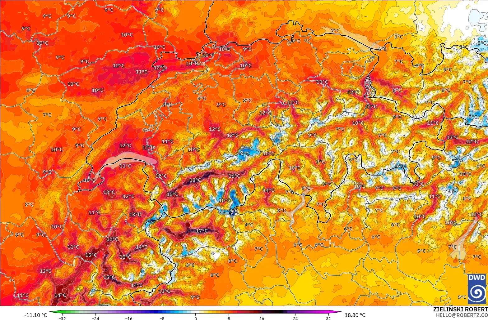 ICON Alemania 2 km modelo - Suiza, Anomalía de temperatura a 2 m