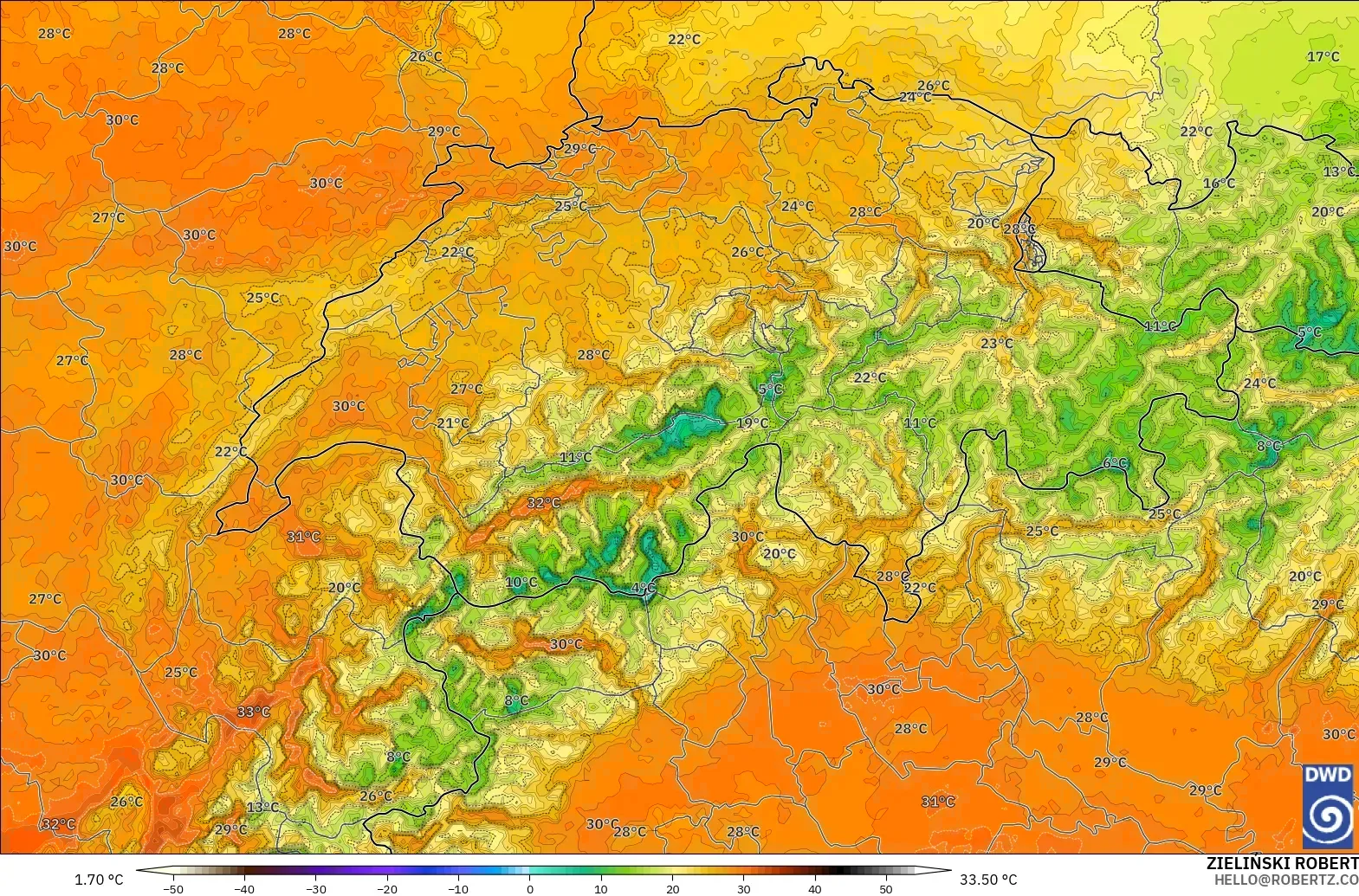 ICON Alemania 2 km modelo - Suiza, Temperatura a 2 m