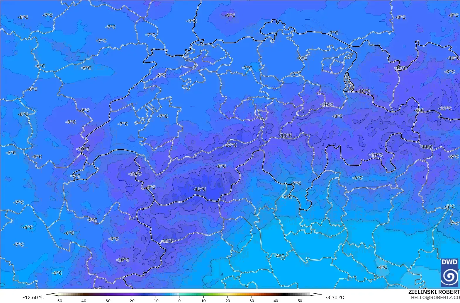ICON Alemania 2 km modelo - Suiza, Temperatura a 500 hPa