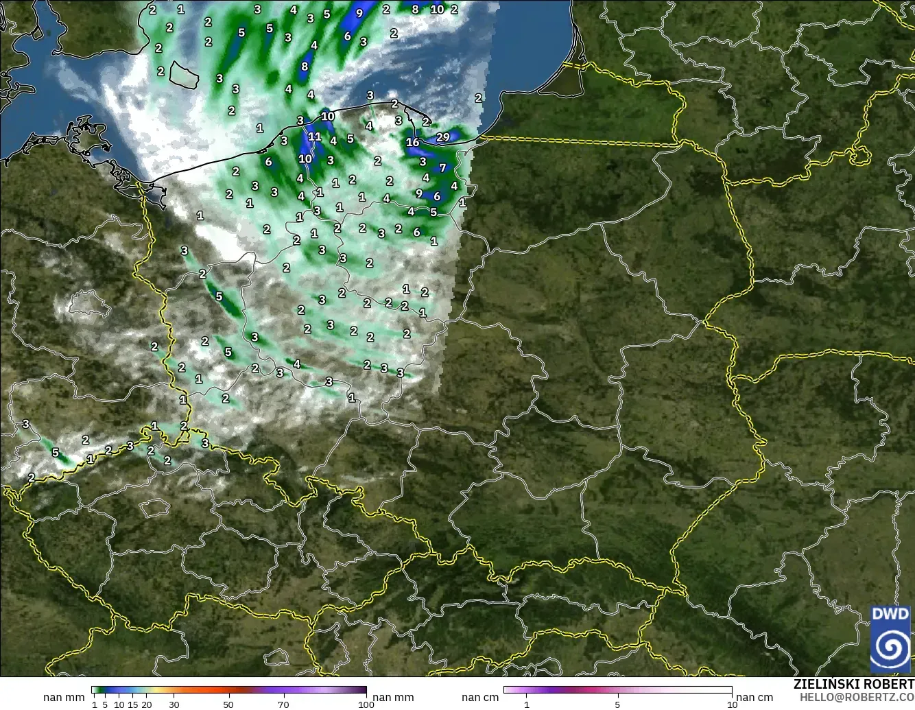 ICON Alemania 2 km modelo - Polonia, Precipitación, nubes y presión