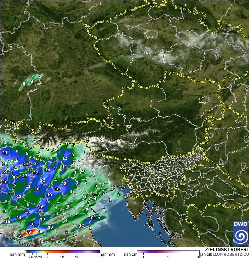ICON Alemania 2 km modelo - Austria, Precipitación, nubes y presión