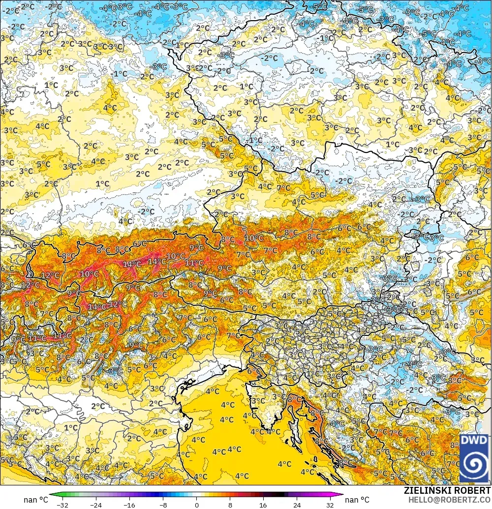 ICON Alemania 2 km modelo - Austria, Anomalía de temperatura a 2 m