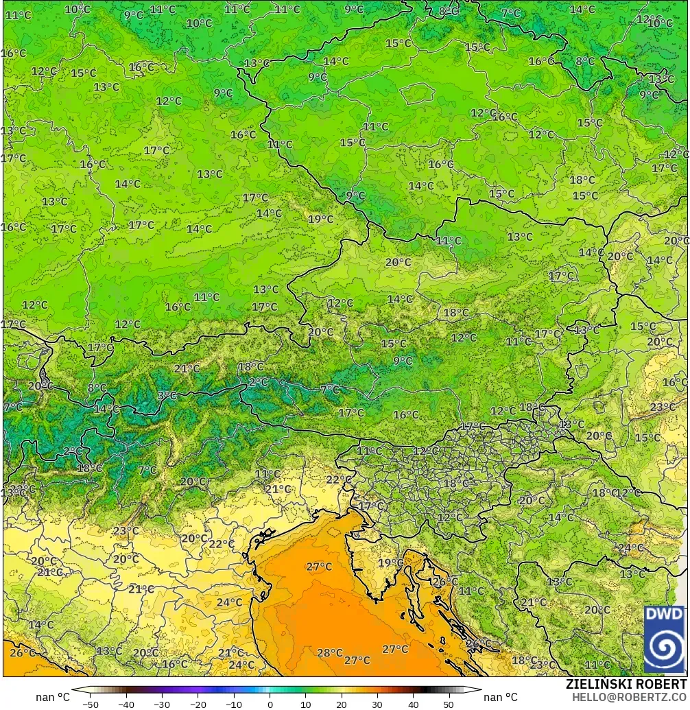 ICON Alemania 2 km modelo - Austria, Temperatura a 2 m
