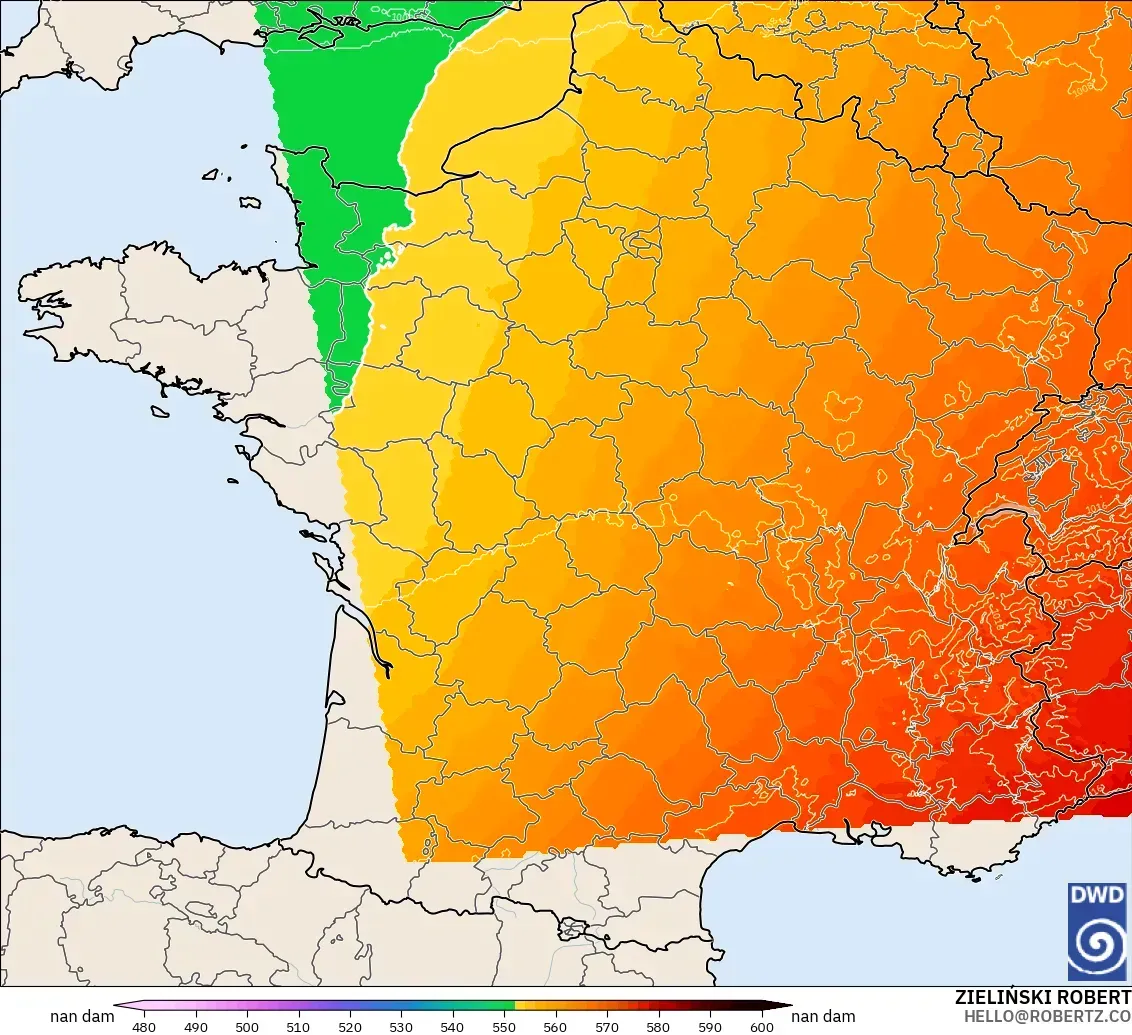 ICON Alemania 2 km modelo - Francia, Altura geopotencial a 500 hPa