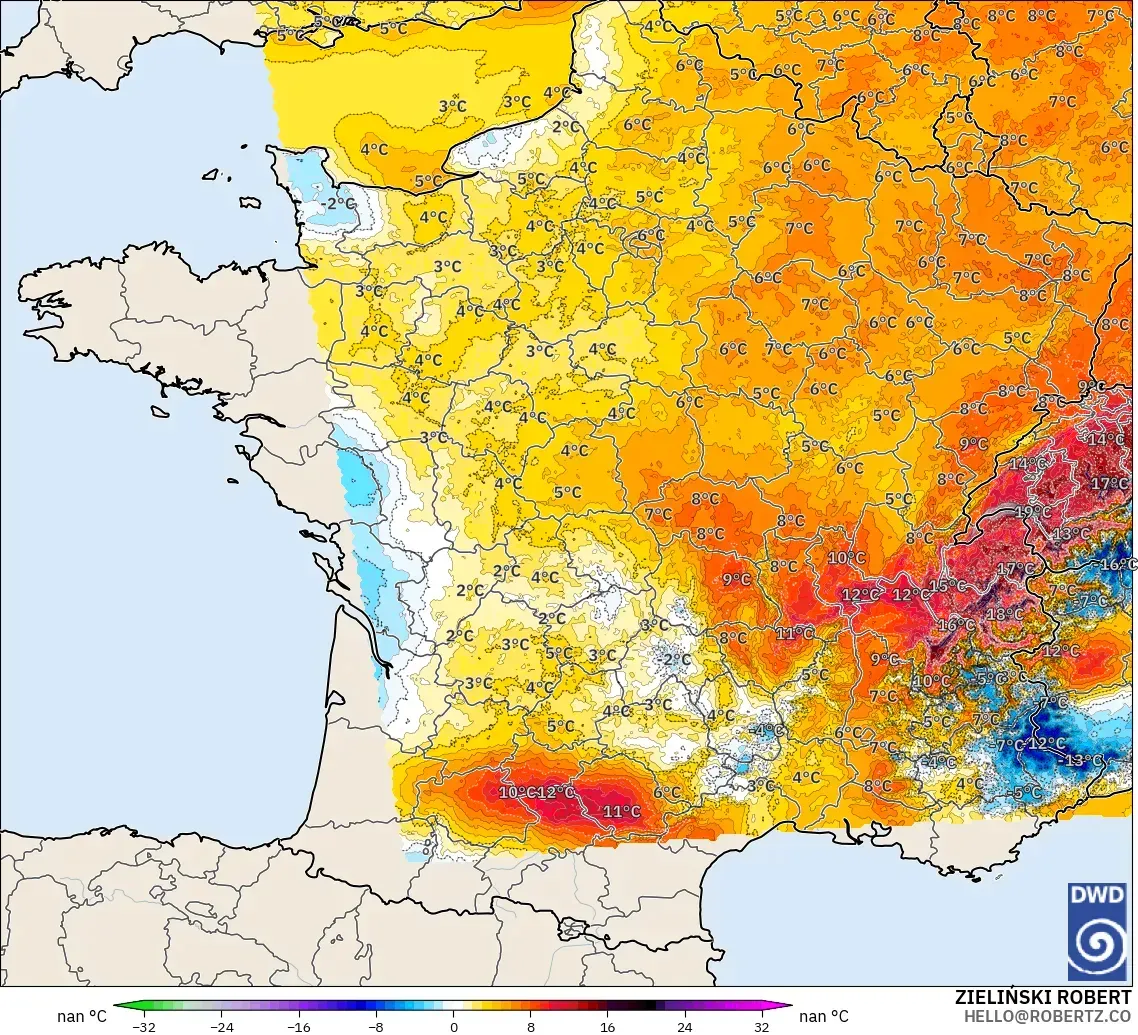ICON Alemania 2 km modelo - Francia, Anomalía de temperatura a 2 m