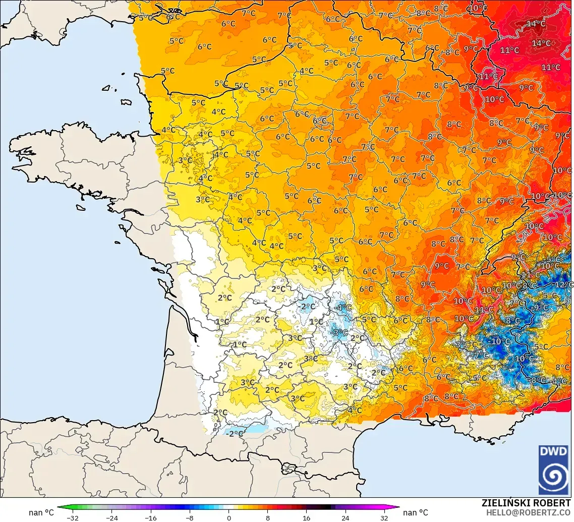 ICON Alemania 2 km modelo - Francia, Anomalía de temperatura a 850 hPa