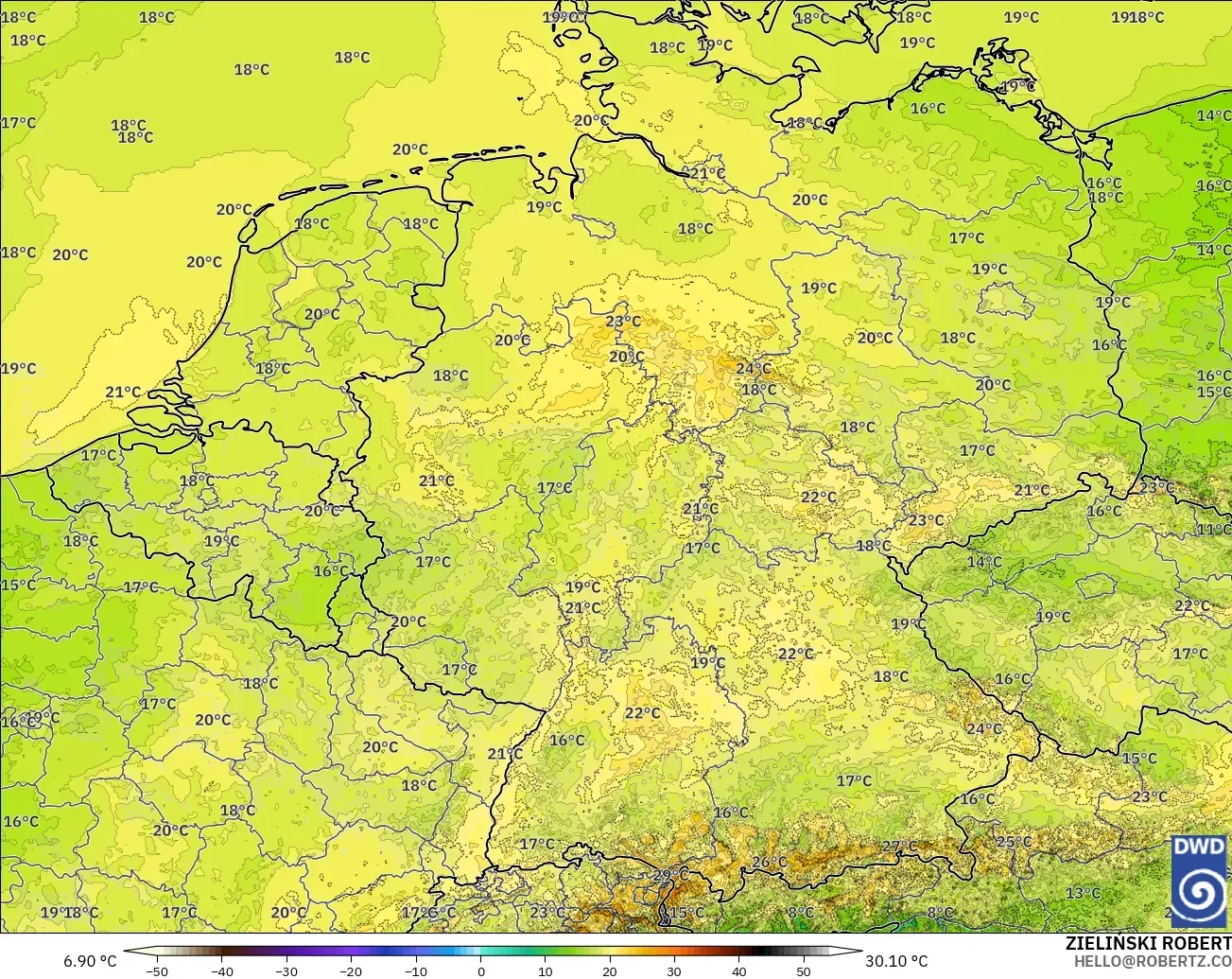 ICON Alemania 2 km modelo - Alemania, Temperatura a 2 m
