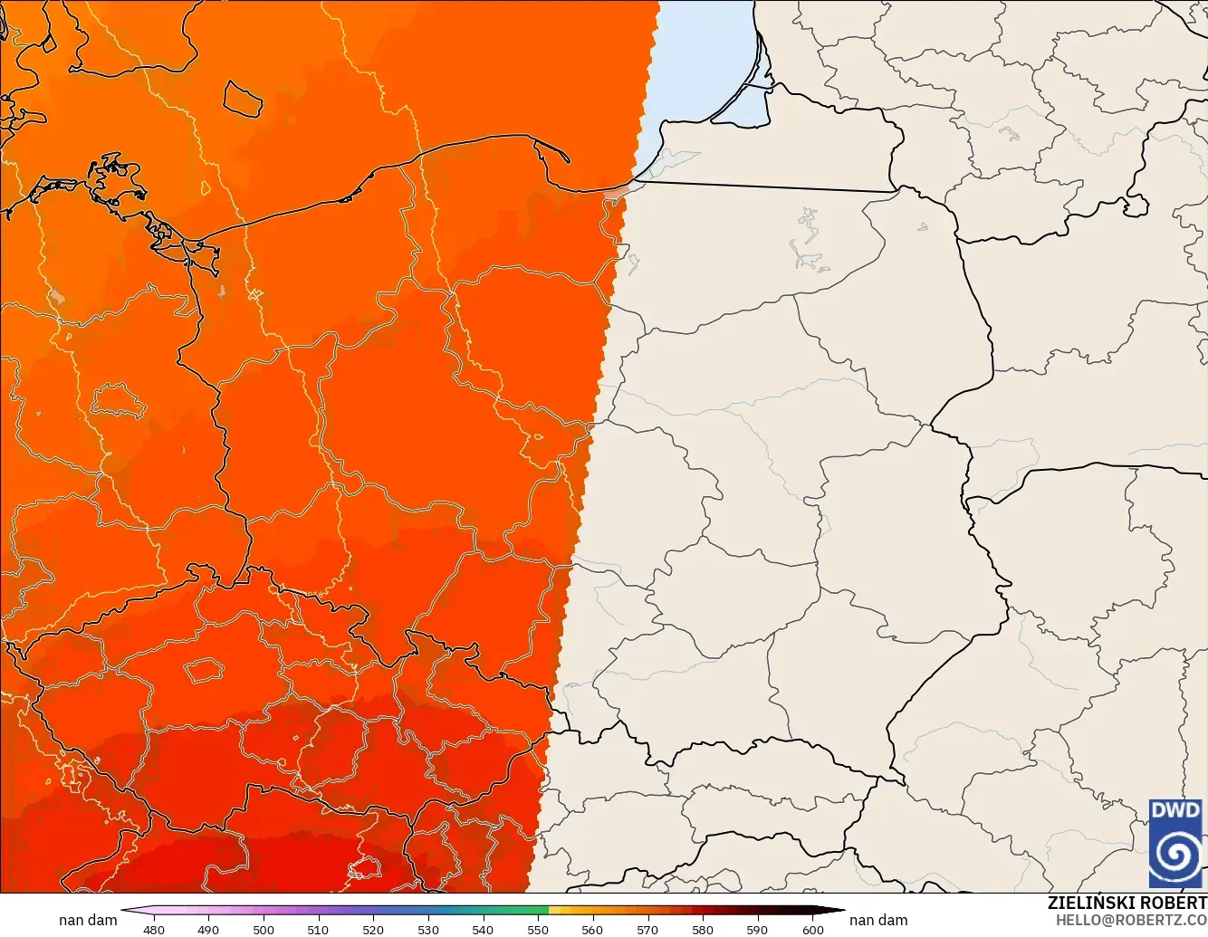 ICON Alemania 2 km modelo - Polonia, Altura geopotencial a 500 hPa