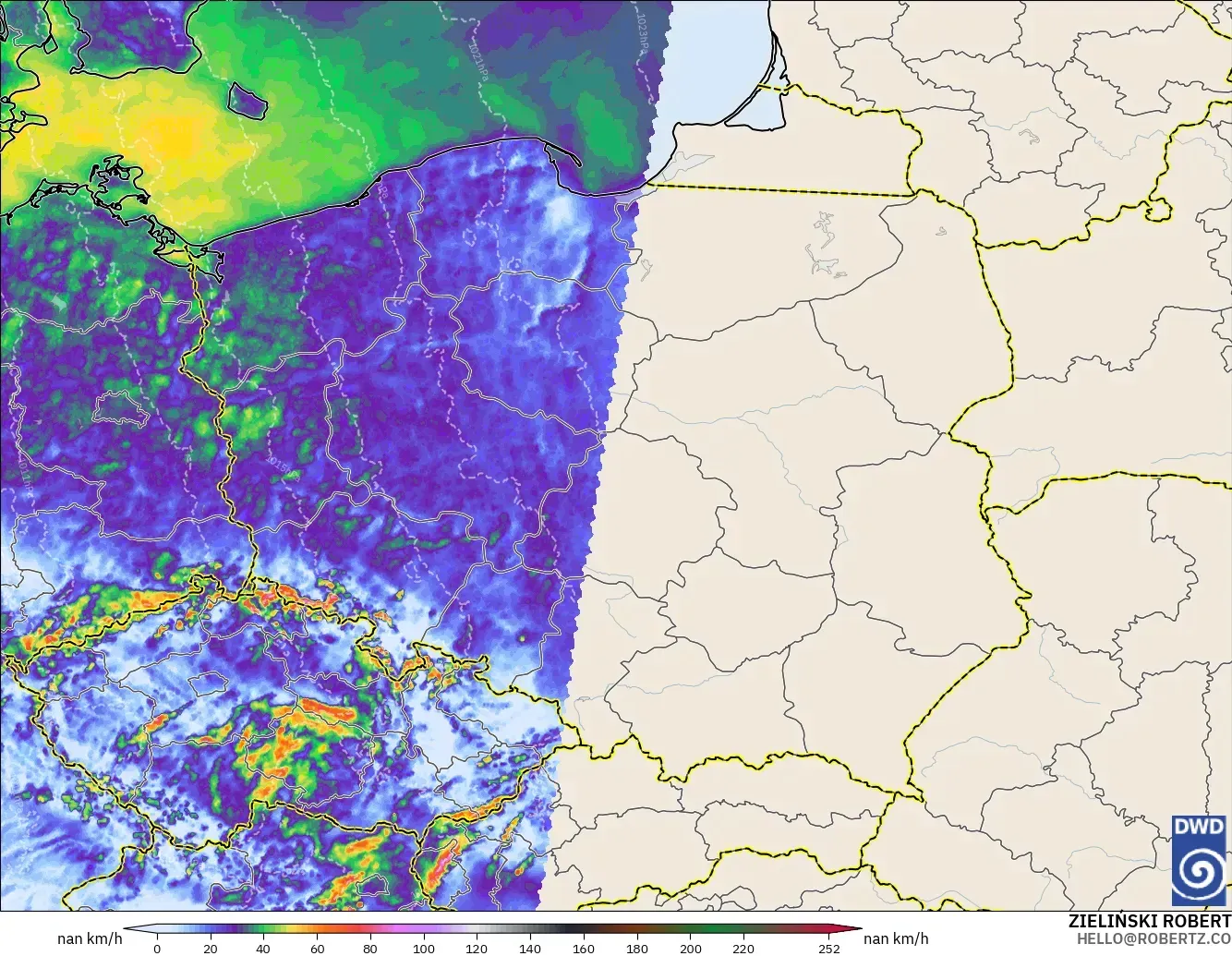 ICON Alemania 2 km modelo - Polonia, Ráfagas de viento
