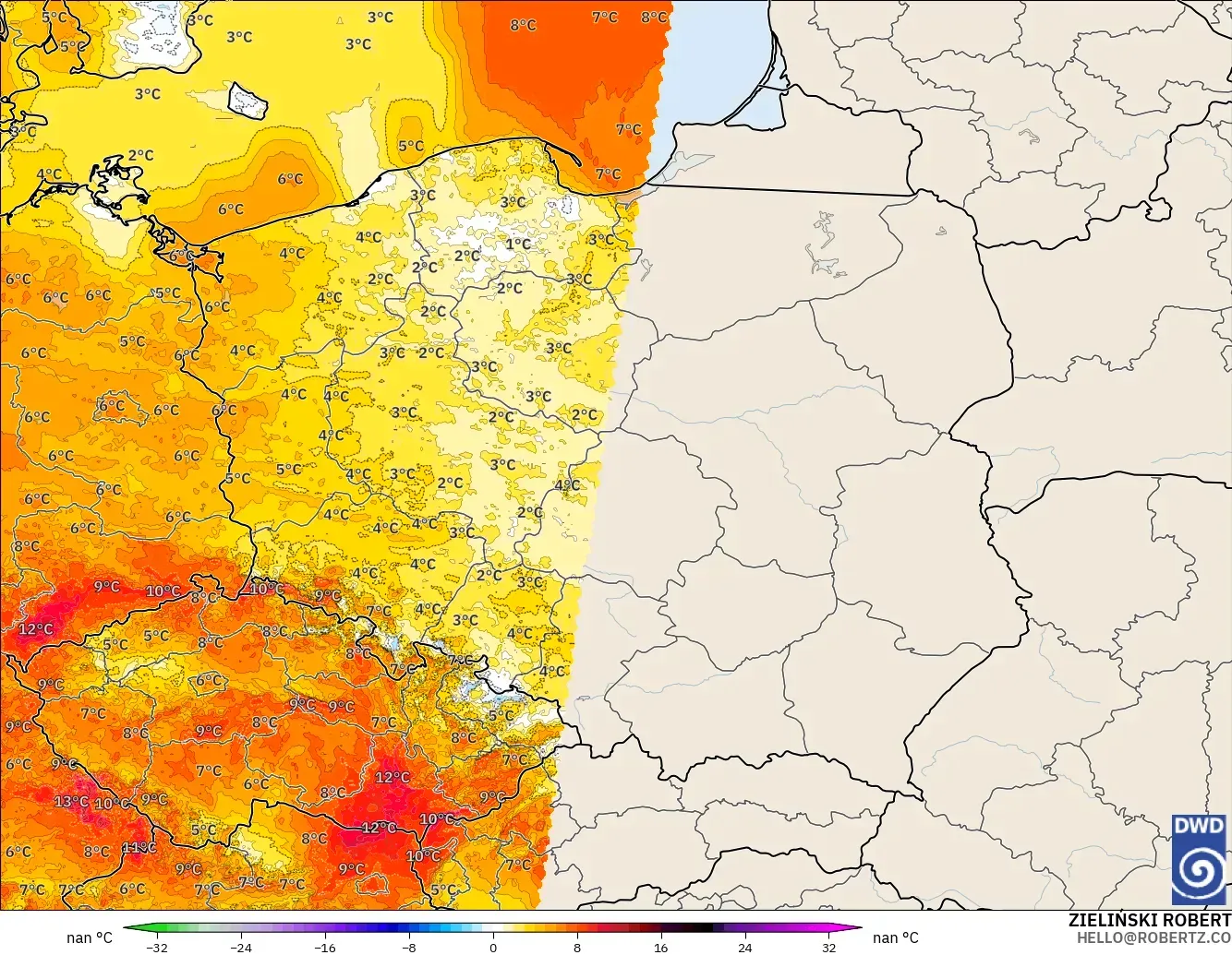 ICON Alemania 2 km modelo - Polonia, Anomalía de temperatura a 2 m