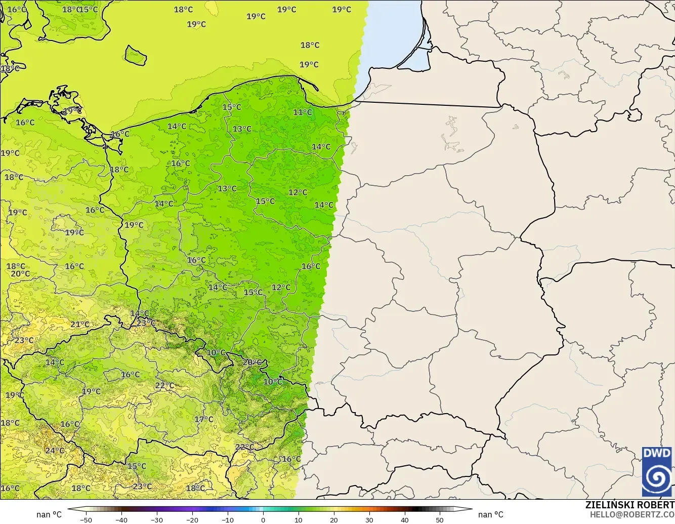 ICON Alemania 2 km modelo - Polonia, Temperatura a 2 m