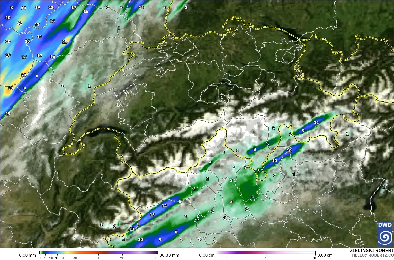 ICON Alemania 2 km modelo - Suiza, Precipitación, nubes y presión