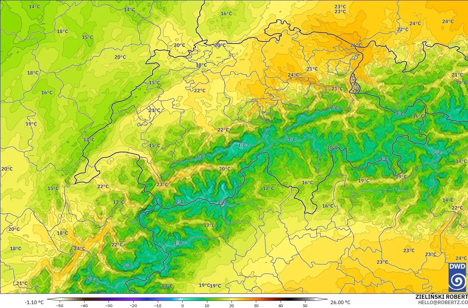 ICON Alemania 2 km modelo - Suiza, Temperatura a 850 hPa