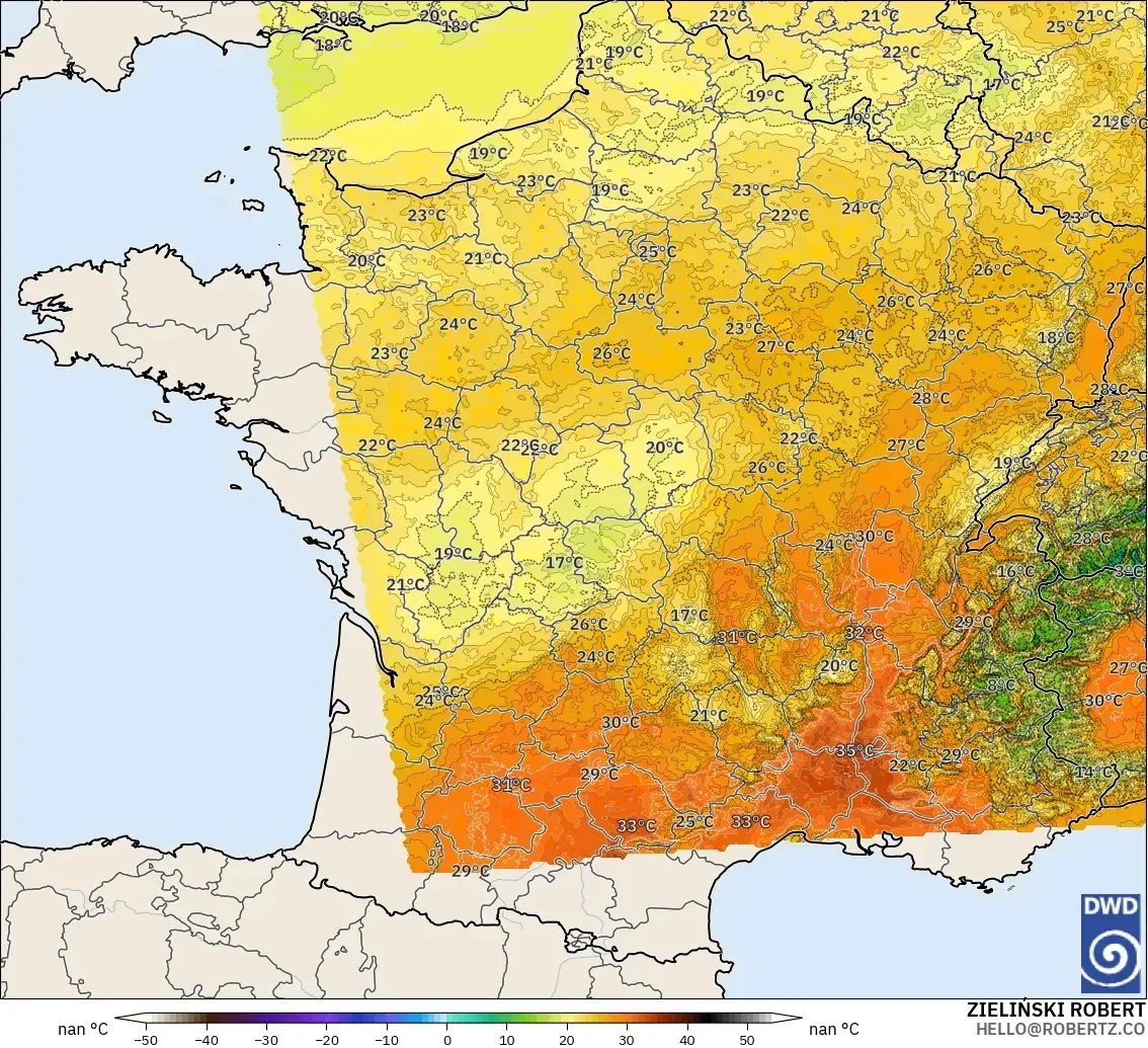 ICON Alemania 2 km modelo - Francia, Temperatura a 2 m
