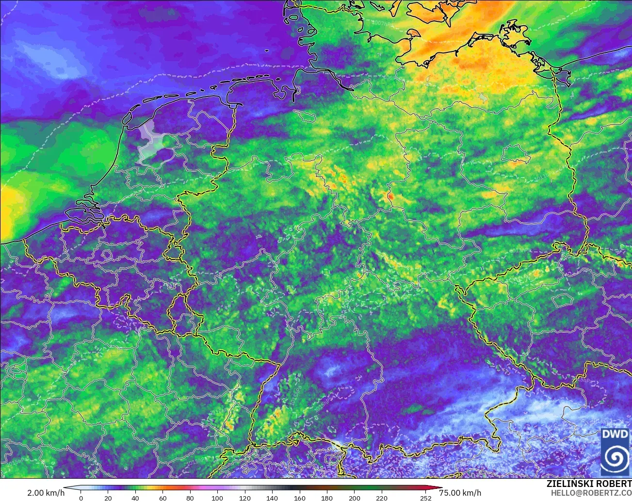 ICON Alemania 2 km modelo - Alemania, Ráfagas de viento