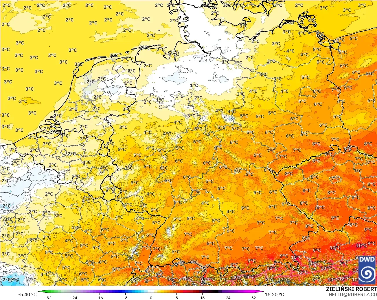 ICON Alemania 2 km modelo - Alemania, Anomalía de temperatura a 2 m