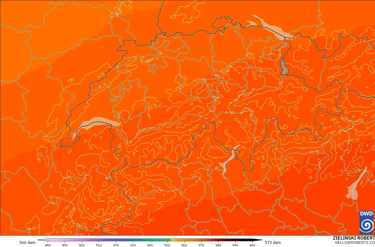 ICON Alemania 2 km modelo - Suiza, Altura geopotencial a 500 hPa