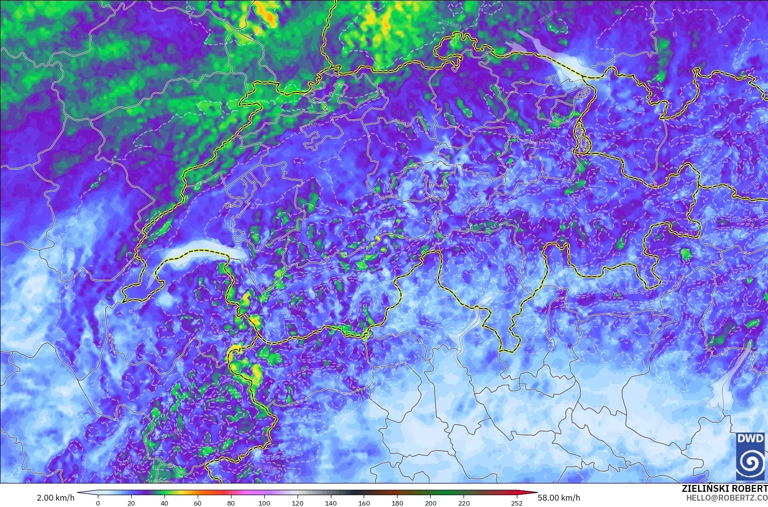 ICON Alemania 2 km modelo - Suiza, Ráfagas de viento