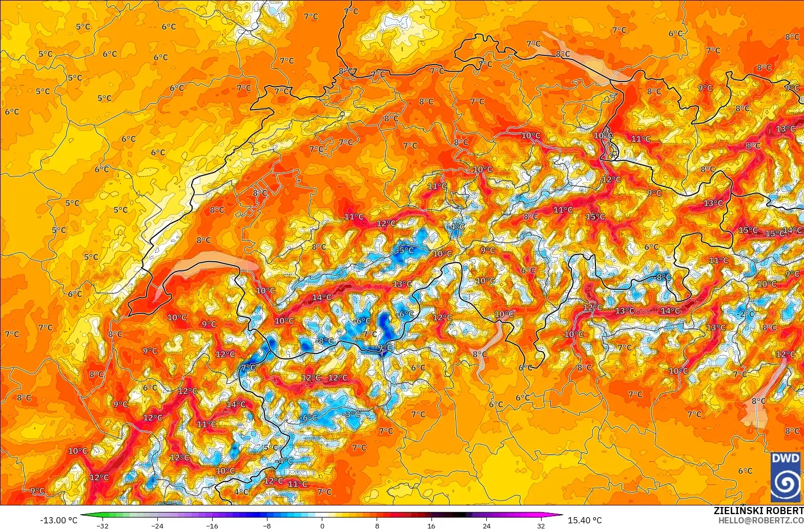 ICON Alemania 2 km modelo - Suiza, Anomalía de temperatura a 2 m