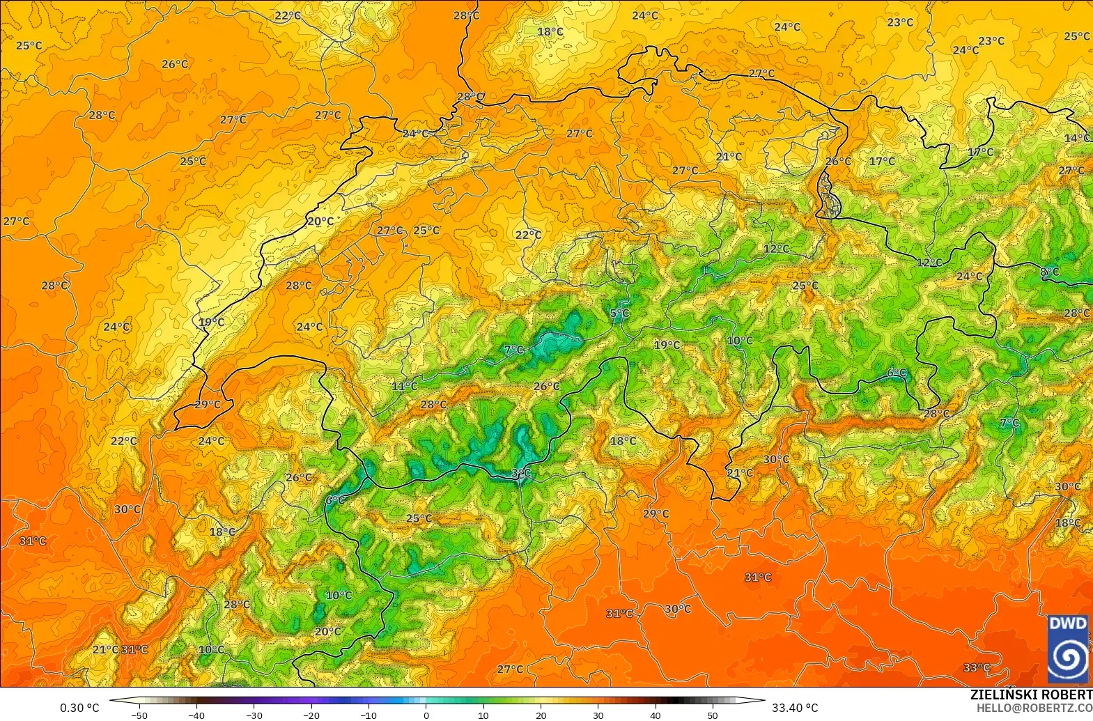 ICON Alemania 2 km modelo - Suiza, Temperatura a 2 m