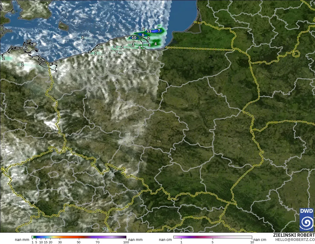 ICON Alemania 2 km modelo - Polonia, Precipitación, nubes y presión