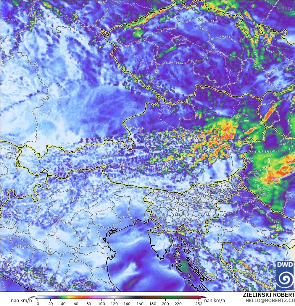 ICON Alemania 2 km modelo - Austria, Ráfagas de Viento Máximas