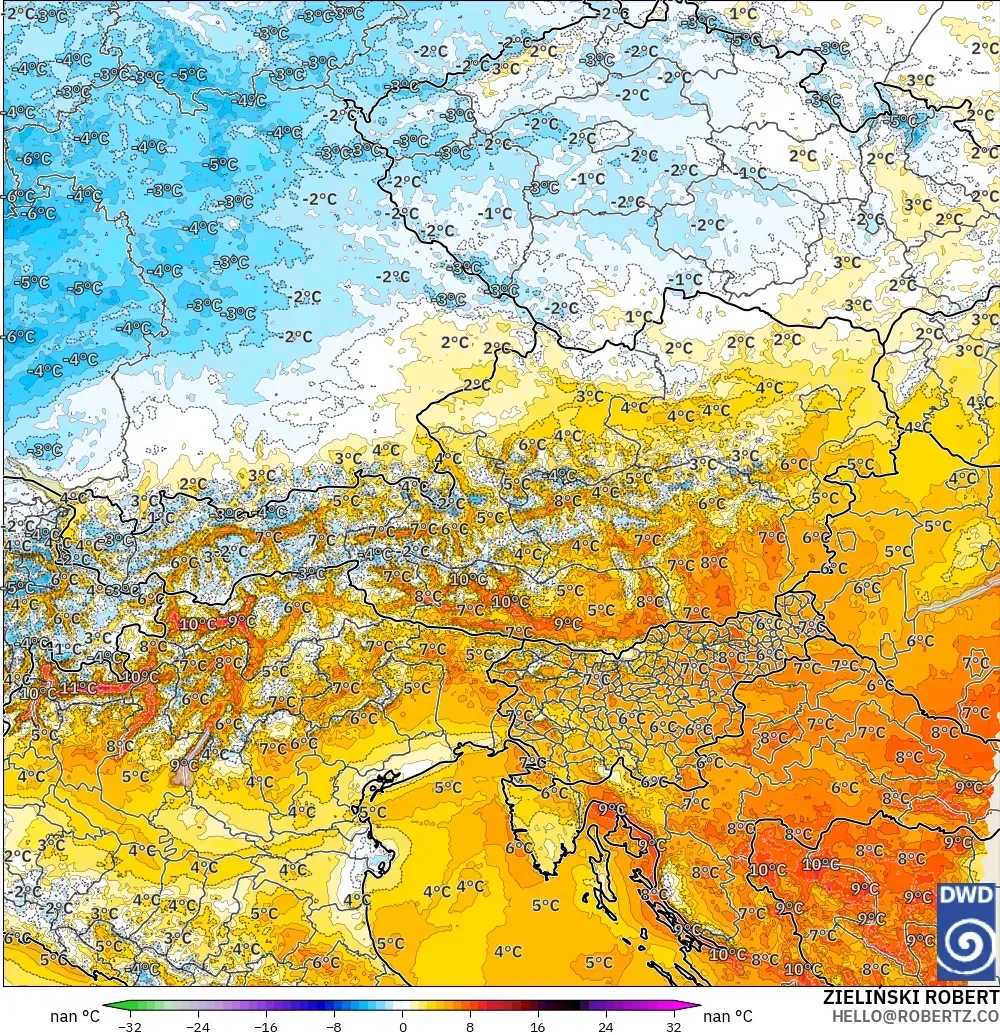 ICON Alemania 2 km modelo - Austria, Anomalía de temperatura a 2 m